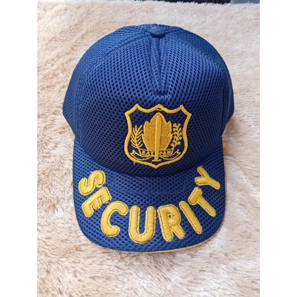 Topi satpam jaring  biru logo/tulisan security warna kuning /topi security biru terbaru