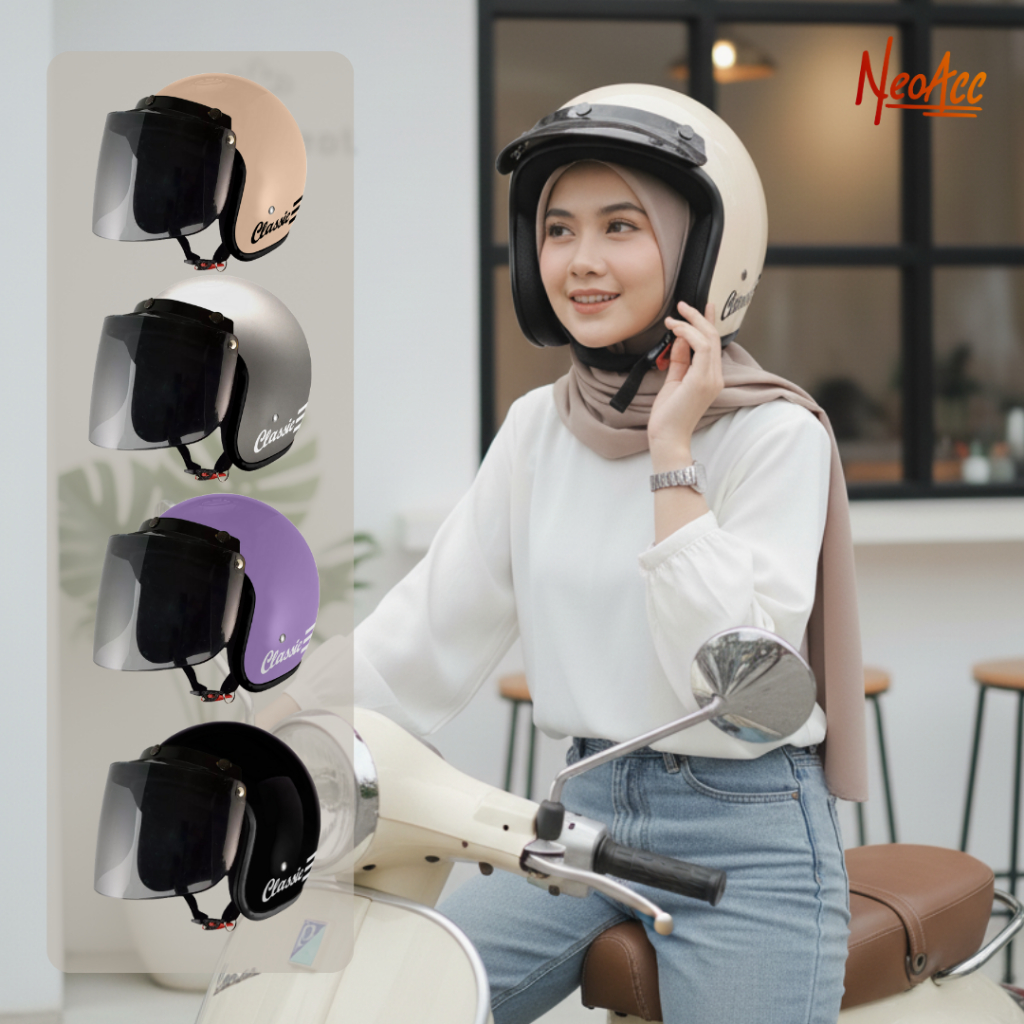 Helm Bogo Dewasa Glossy Remaja Pria Wanita Classic Half Face Kaca Datar Cewe Hijab Motorcycle