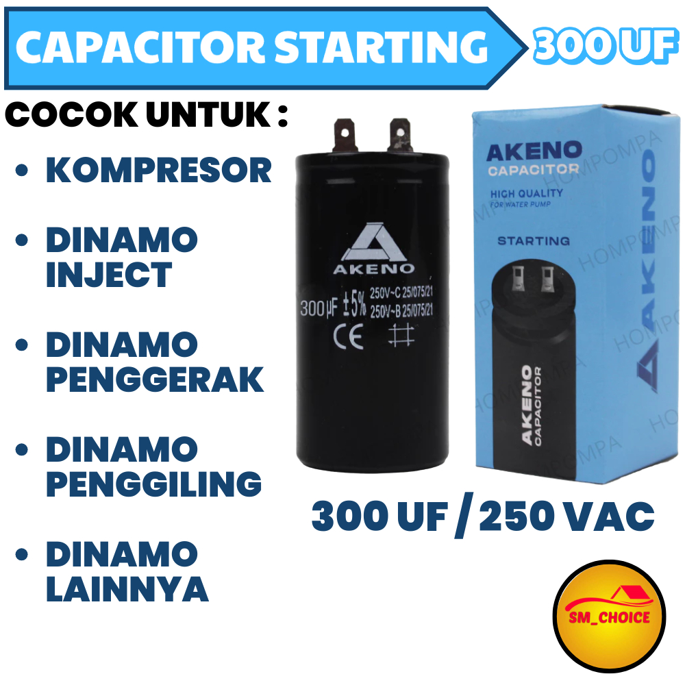 AKENO KAPASITOR STARTING 300 UF CAPACITOR STARTING 300 UF SOKET KONDENSOR 300 UF CD-60
