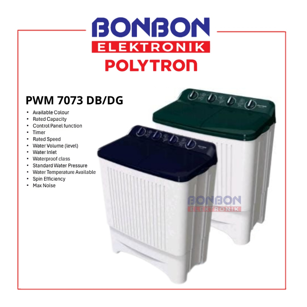 Polytron Mesin Cuci 2 Tabung 7 Kg PWM 7073 DB / PWM7073 / PWM 7073DG - Dark Blue/Dark Green - Water 