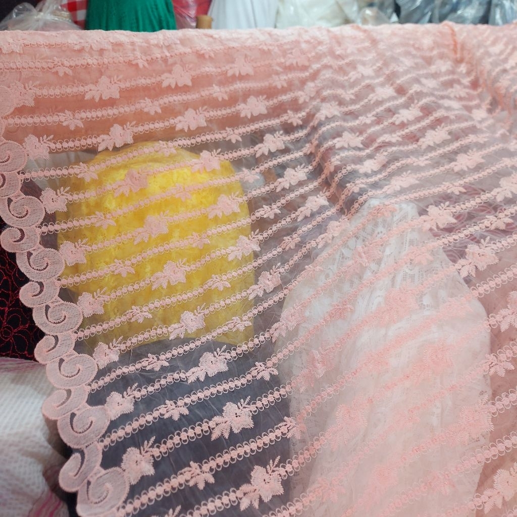 kain organza bordir Premium  - kain organza bordir motif  - kain organza bordir ( pink peach)
