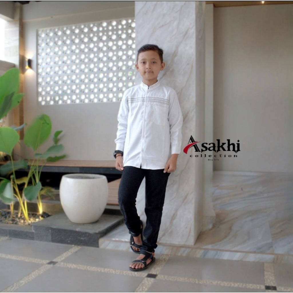 Asakhi - Baju Koko Anak Laki Laki / Baju Muslim Anak Lengan Panjang Warna Putih Motif Syamil / Nyama