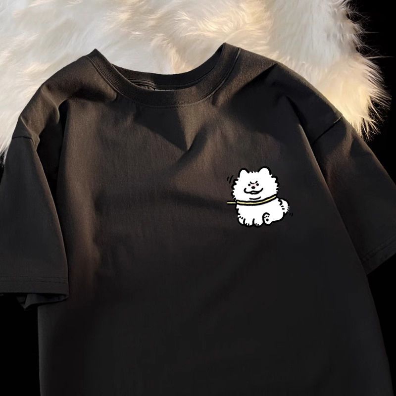 Kaos T-Shirt Hitam & Putih dengan Bordir Anjing Pomeranian Imut, Gaya Casual Minimalis, Nyaman untuk