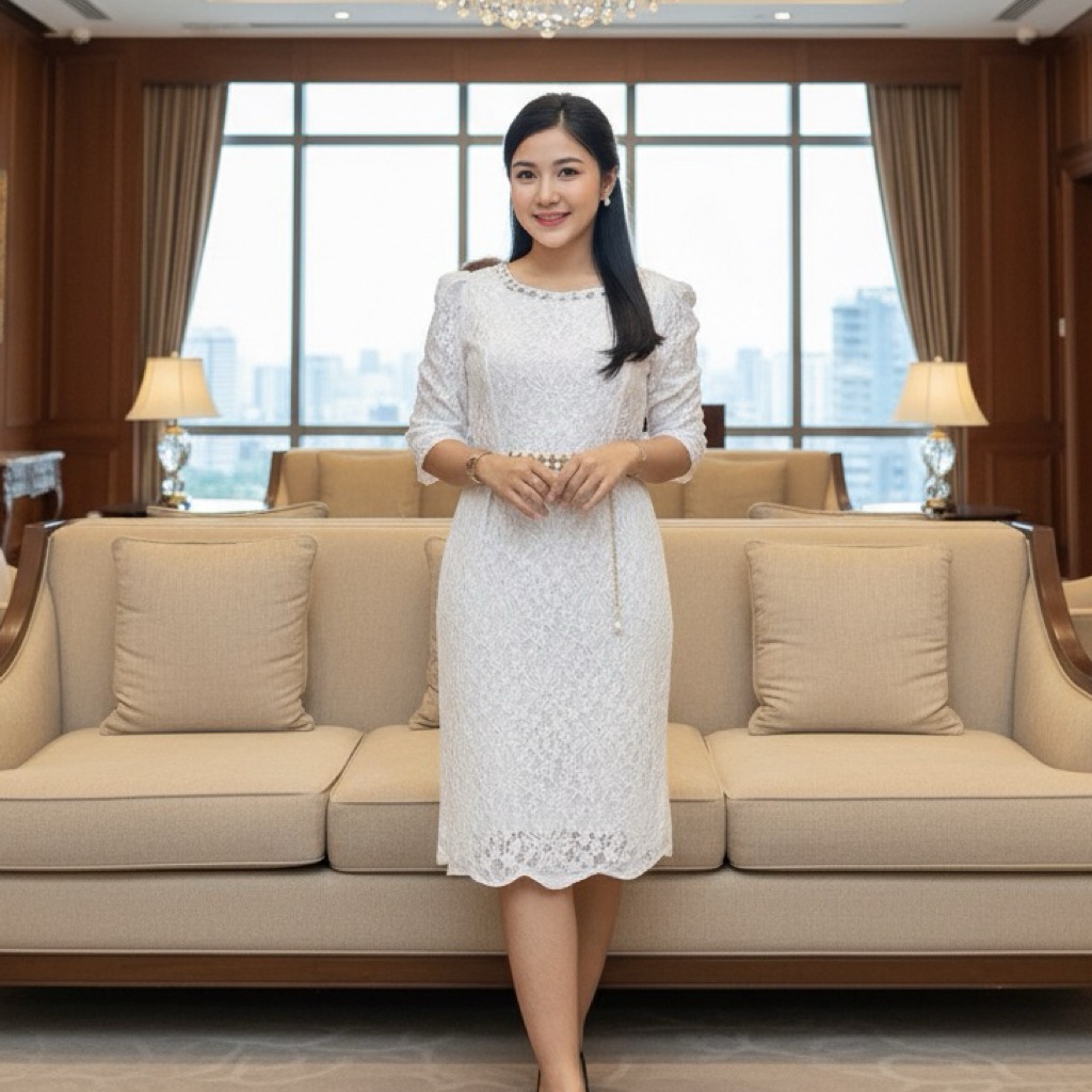 Midi Dress Brokat Putih Span Permata + Belt 5440 M18 Standar-Jumbo Baju Wanita Casual