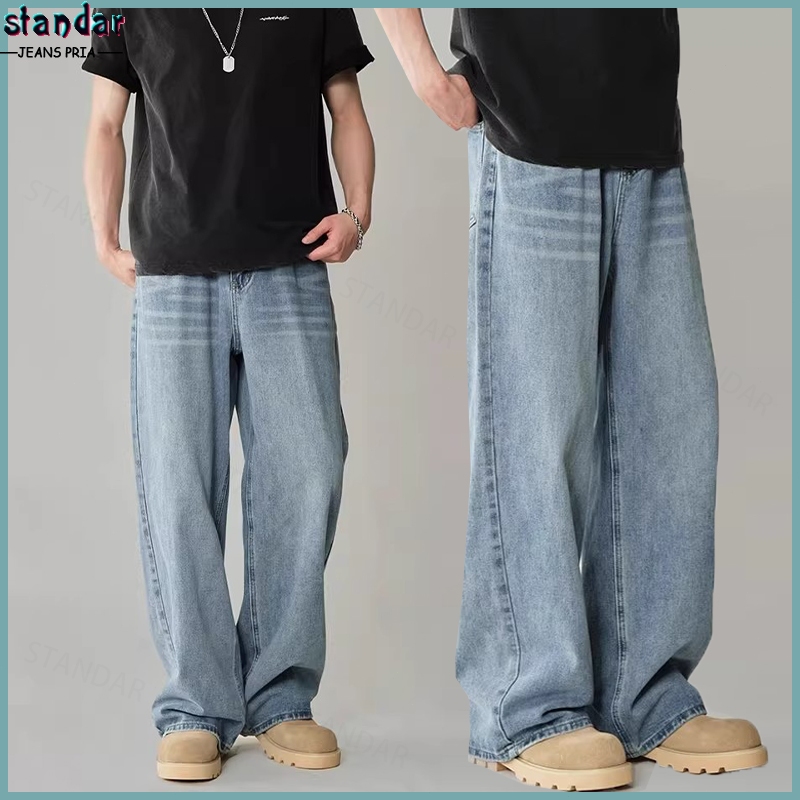 Celana Jeans Pria Retro Celana Panjang Pria Lurus Longgar