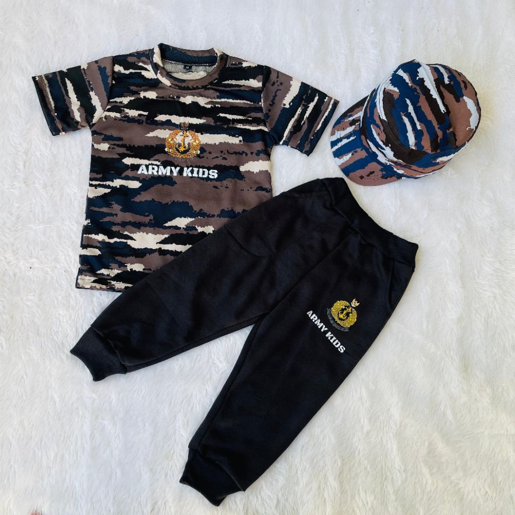 SETELAN KAOS TENTARA ANAK PANJANG FREE TOPI PET LORENG TNI AL || BAJU ANAK LORENG TENTARA || TOPI KO