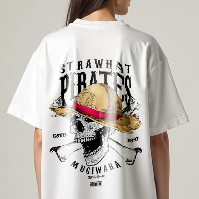 Kaos Putih Strawhat Skull Baju Anime One piece Kru Bajak Laut Topi jerami