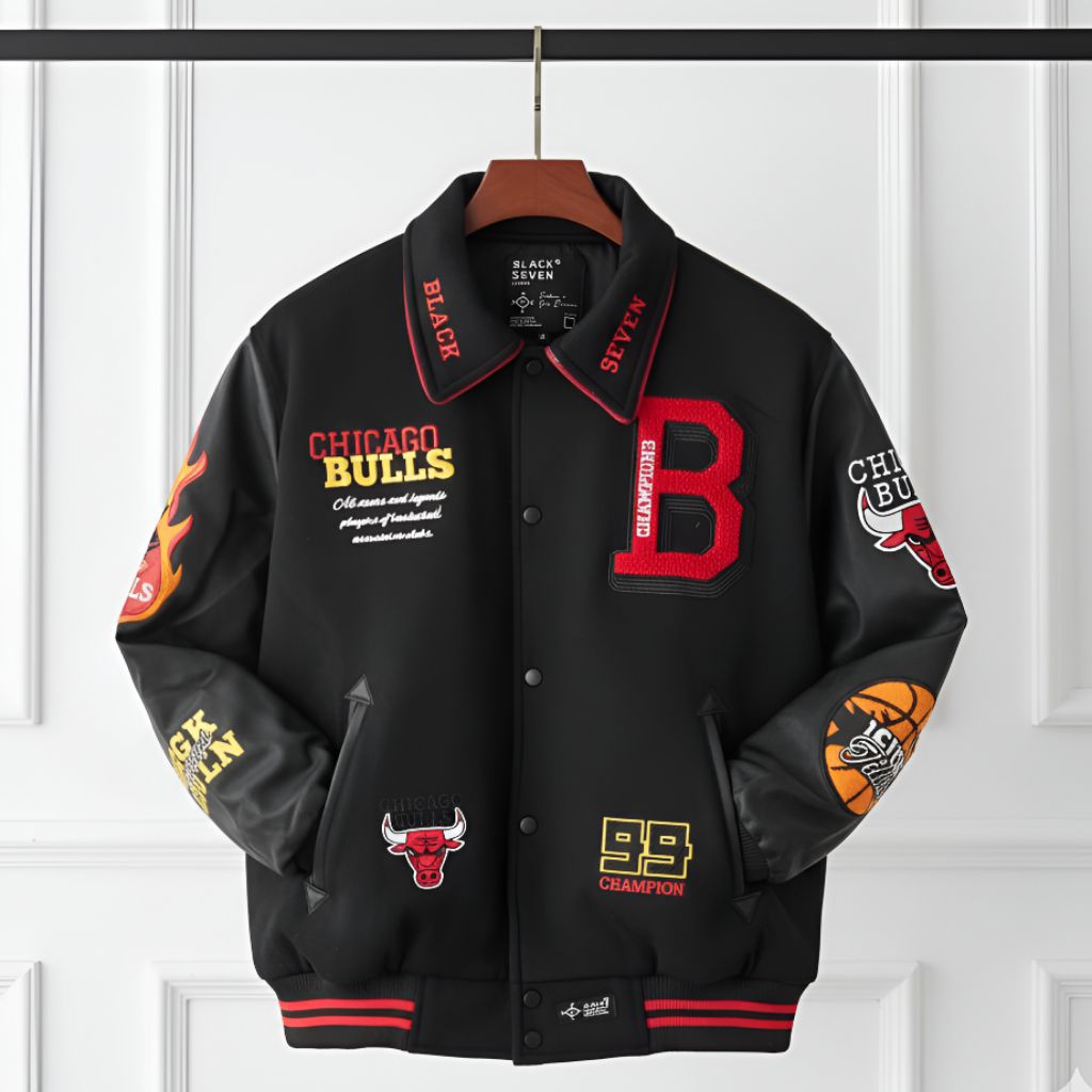 Varsity Jacket Basket REDBULLS Hitam | Jaket CHICAGO Ori Blackseven | Varsity Leather Pria Wanita