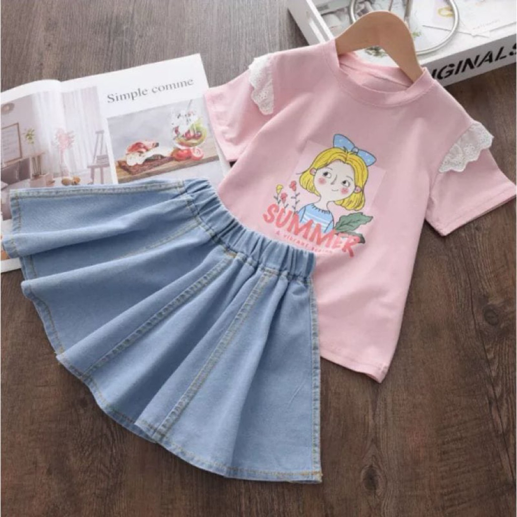 Setelan Kaos Anak 1-5 Tahun Satu Stel dengan Rok Jeans Baju Anak Import