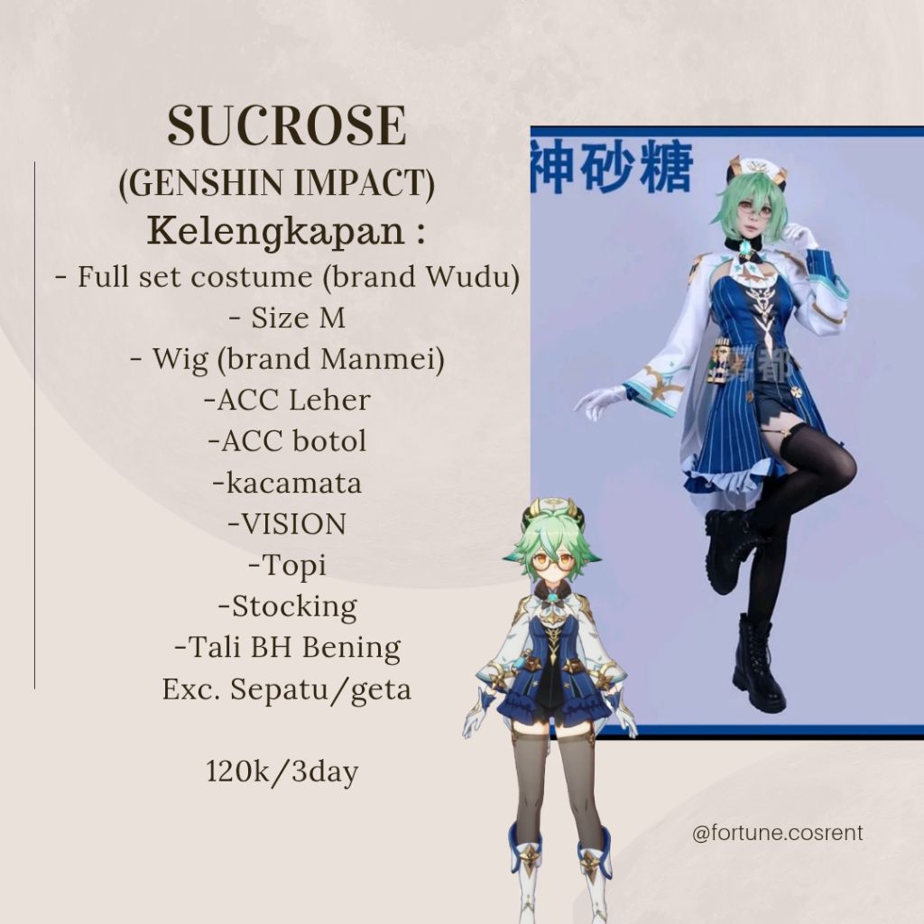 [READY] Sewa kostum cosplay Sucrose Genshin Impact Size M