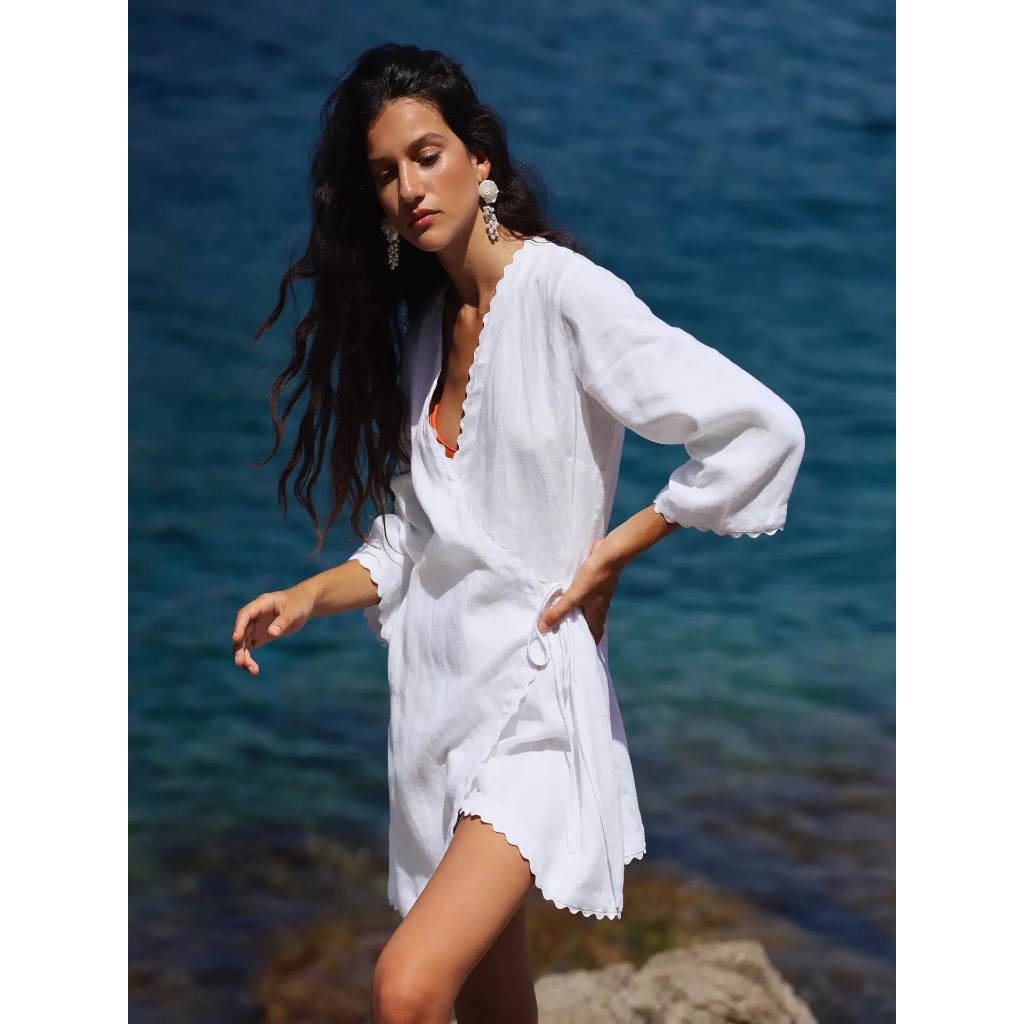 Senja Outer Dress lengan panjang long sleeves white putih v-neck outerwear luaran cover up baju rena