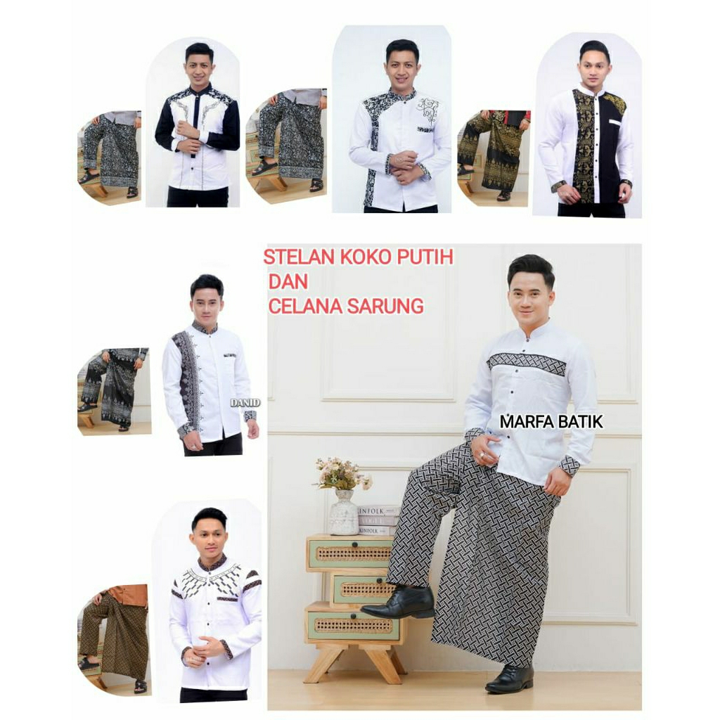Stelan Setelan Baju Sholat Koko Putih  Lengan Panjang Pria Dewasa Dan Celana Sarung Motif