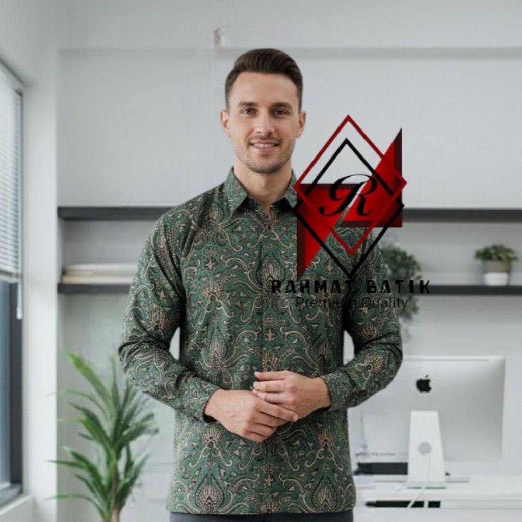Pisang Bali Hijau Botol Emerald Kemeja Batik Pria Slimfit Full Furing Lengan Panjang