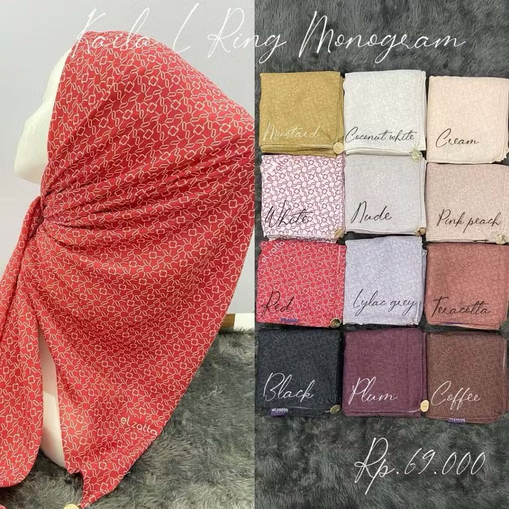 Kerudung Hijab Segi Empat Motif Kaila L Ring Monogram Elzatta Terbaru