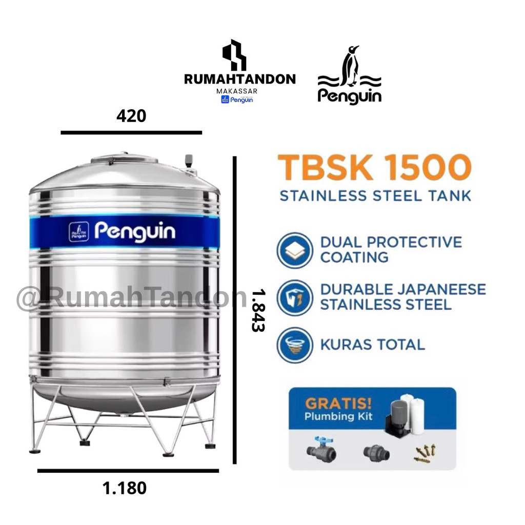 Tangki Air / Tandon / Toren Stainless Penguin 1500 Liter - TBSK 1500