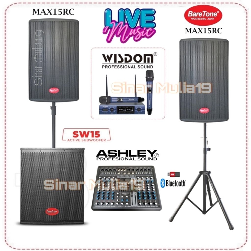 Paket Sound System Speaker Aktif BareTone MAX15RC Subwoofer Aktif BareTone SW15 Mixer Ashley SMR8 Mi