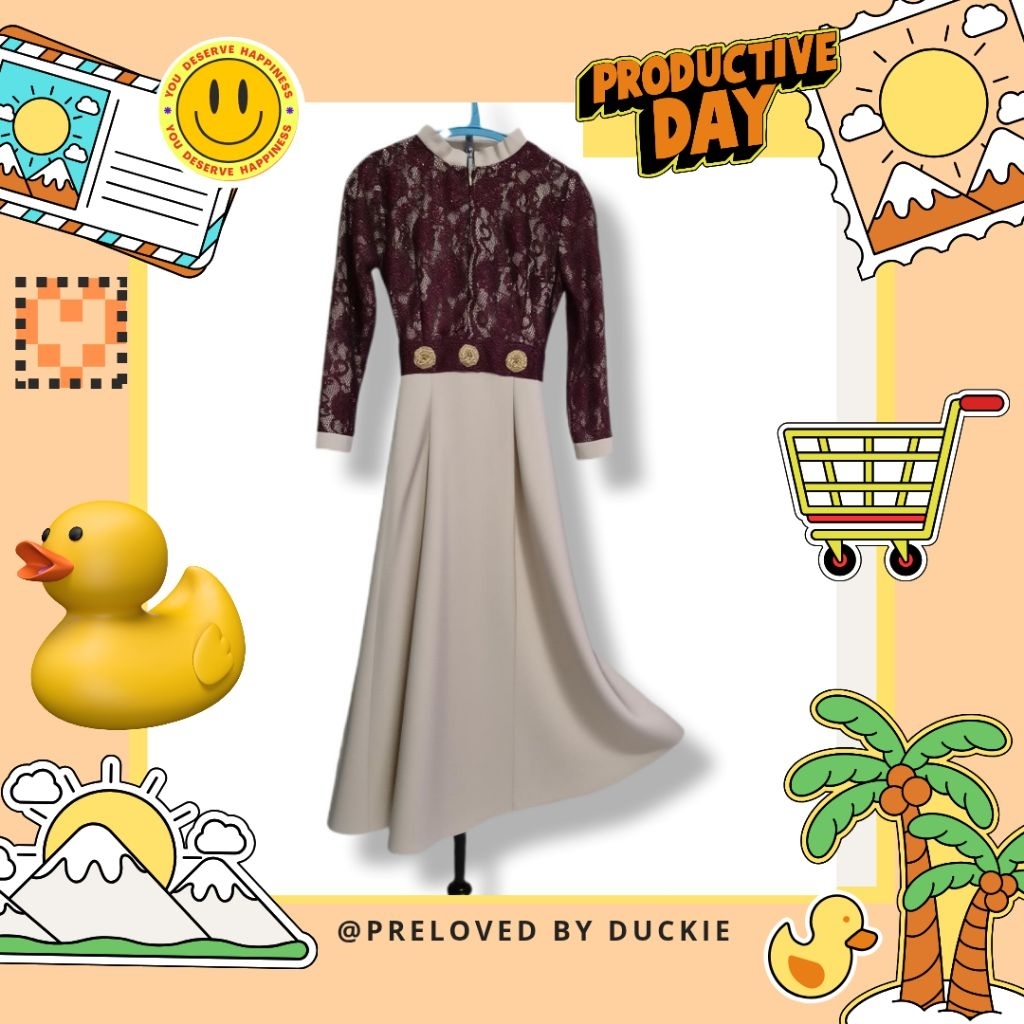 CLOTHES BY DUCKIE gamis|Dress maroon brukat gold motif bunga elegan