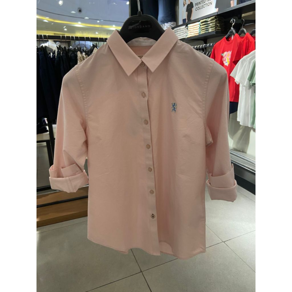 Giordano Lion Shirt Kemeja Lengan Pajang Cewek SlimFit Pink Size S M L XL XXL
