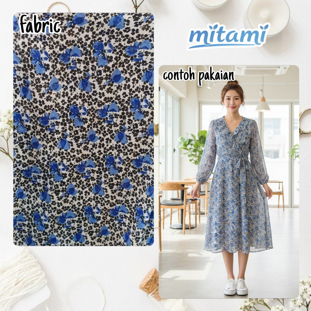 Kain Sifon Yoryu Printing Motif Bunga Kecil Biru Hitam Putih Bahan Dress Blouse Meteran (Harga Kain 