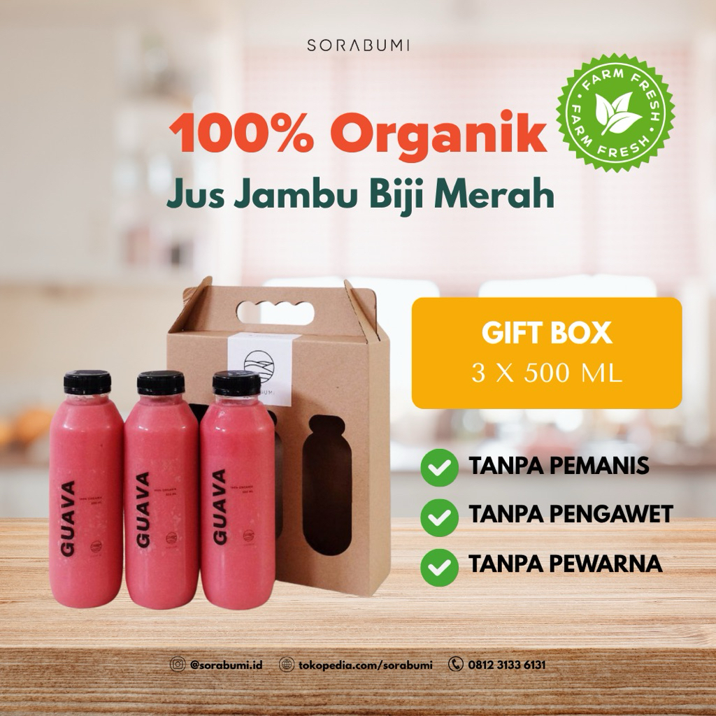 [500 ml] Box isi 3 Botol Jus Jambu Batu Merah Organik Guava Juice Sorabumi