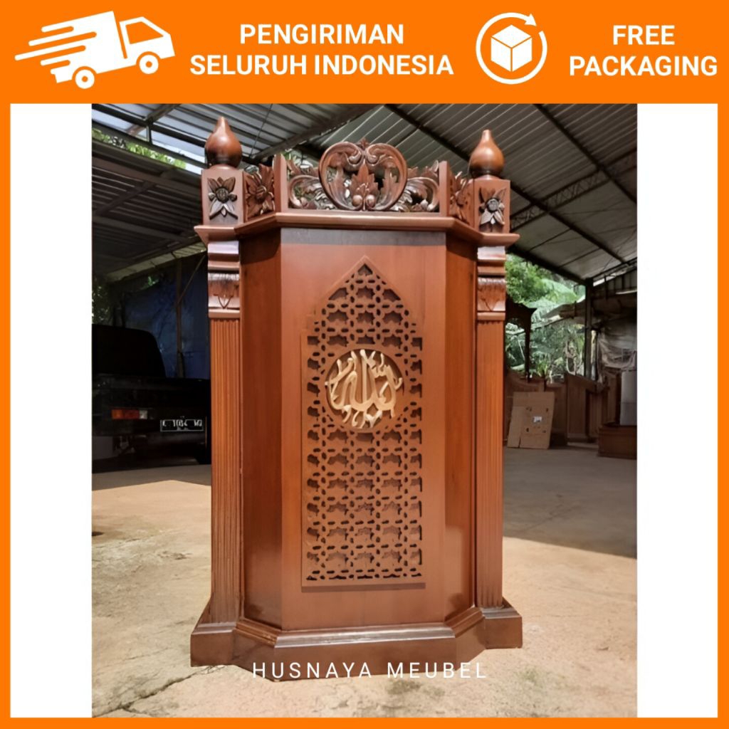 MIMBAR PODIUM MASJID UKIR LOGO / MIMBAR MASJID UKIR LOGO KAYU JATI / MIMBAR MASJID UKIR KLASIK