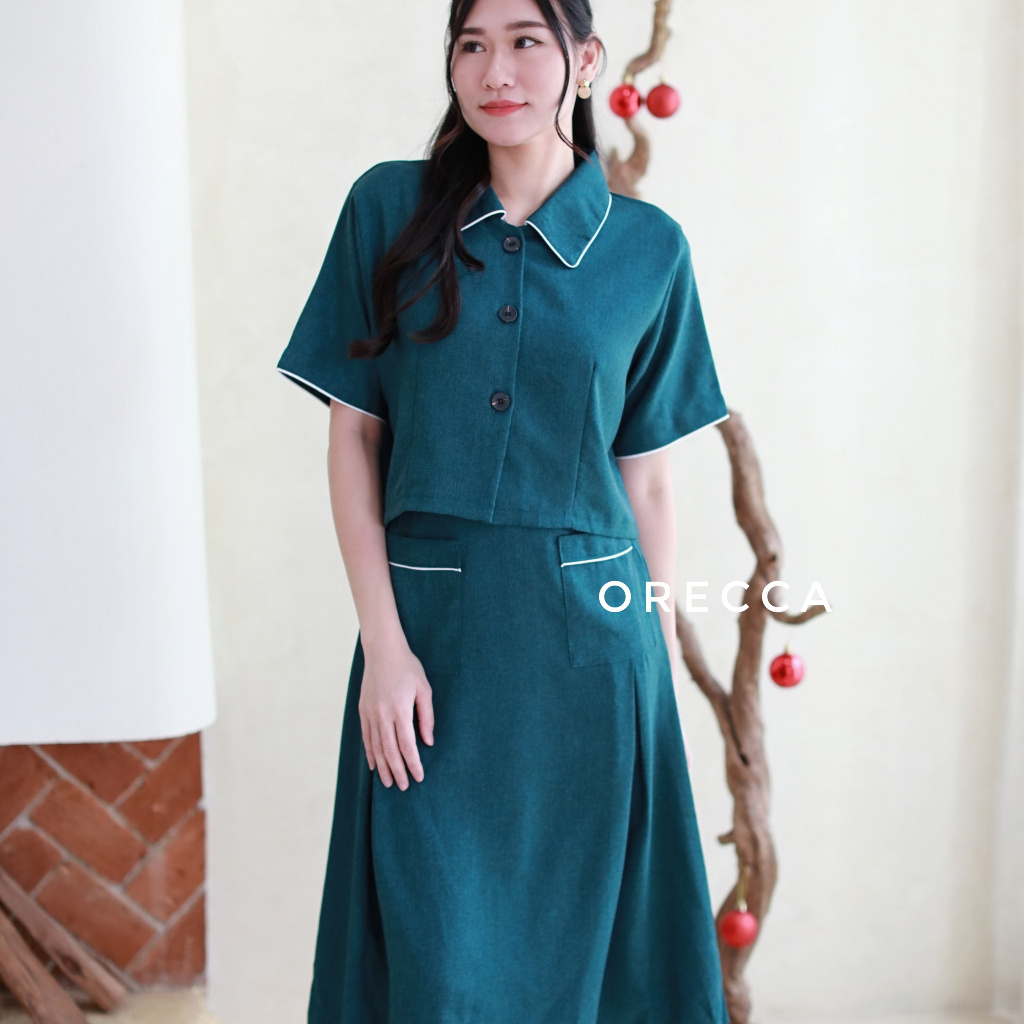 ORECCA - Yesol One Set Wanita Lengan Pendek Rok Midi Natal