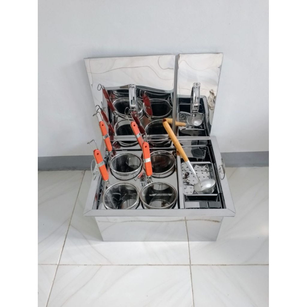 DANDANG MIE AYAM KOTAK 4 lubang/Tong Mie Ayam Baso + Saringan,