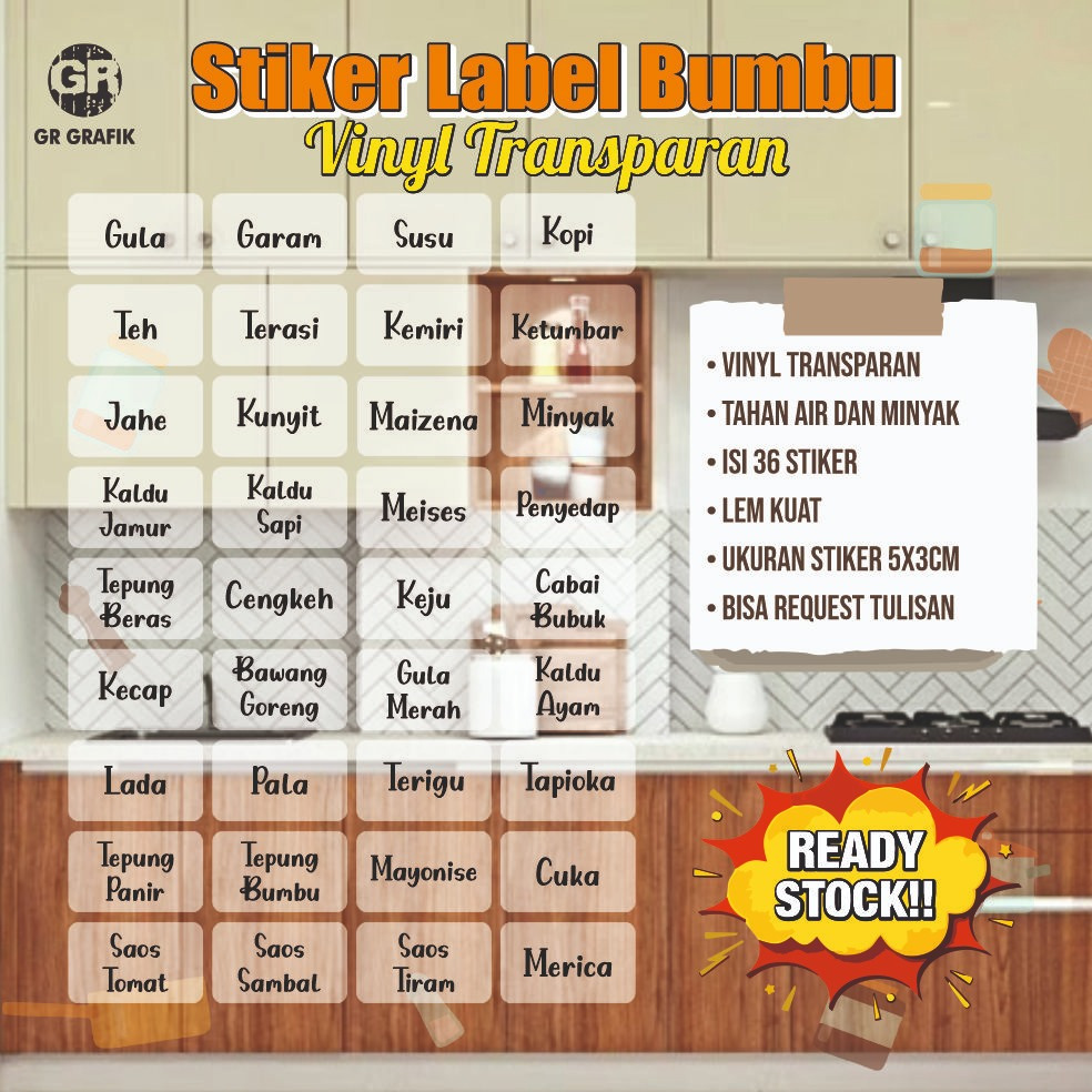 STIKER BUMBU DAPUR VINYL TRANSPARAN ESTETIK / STIKER BUMBU DAPUR