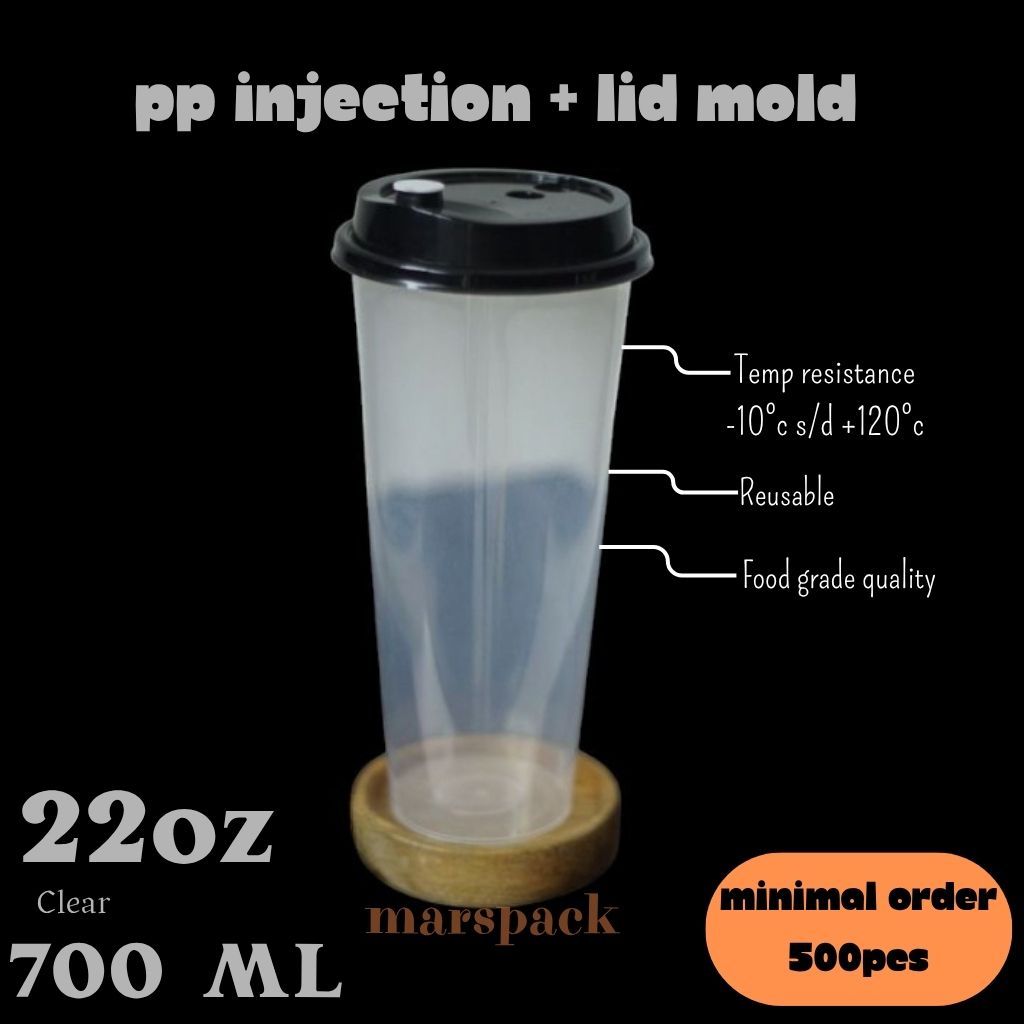 Cup Injection PP 22oz 700ml & Tutup - Cup Plastik Datar - Minimal Order 500pcs