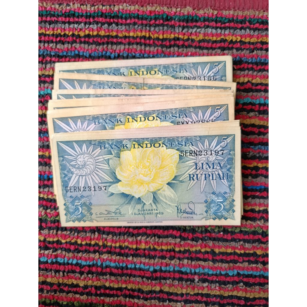 uang kertas kuno 5 rupiah seri bunga asli