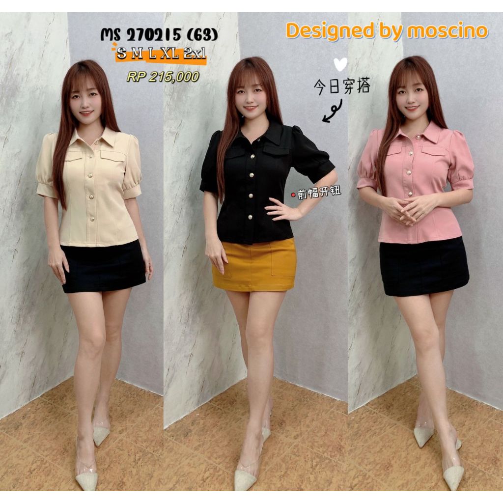 Kemeja Wanita Polos Model Lengan Puff Bahan Polyester - MOSCINO 270215 Pink, Krem, Hitam