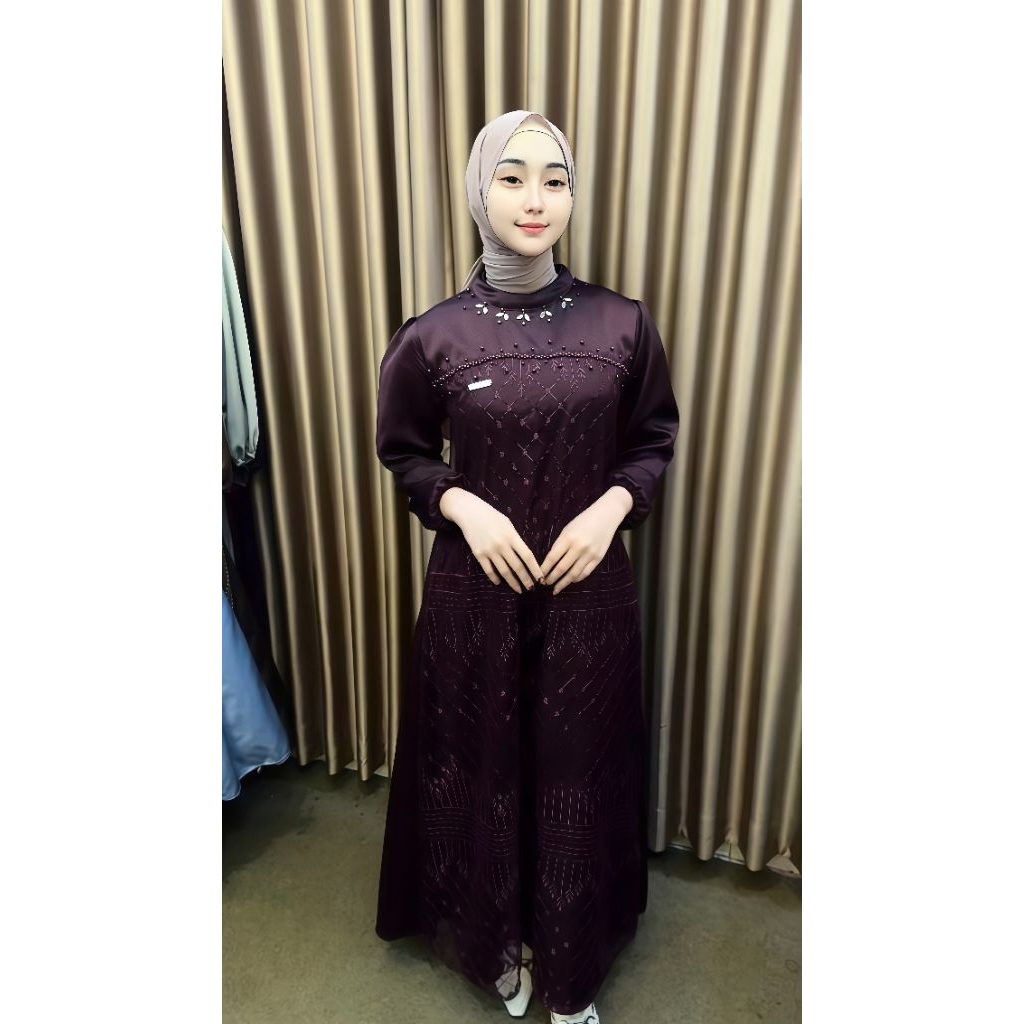 Manda Dress Luxury Gamis Brukat Mewah Kondangan Wanita Pesta Tille Premium Motif Bunga-Bunga Elegan 