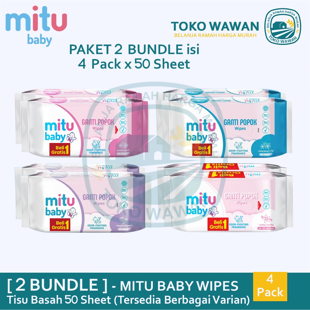 ( PAKET 2 Bundle ) Mitu Baby Wipes Ganti Popok isi 50 sheets Varian Sweet Rose | Charming Lily | Pla