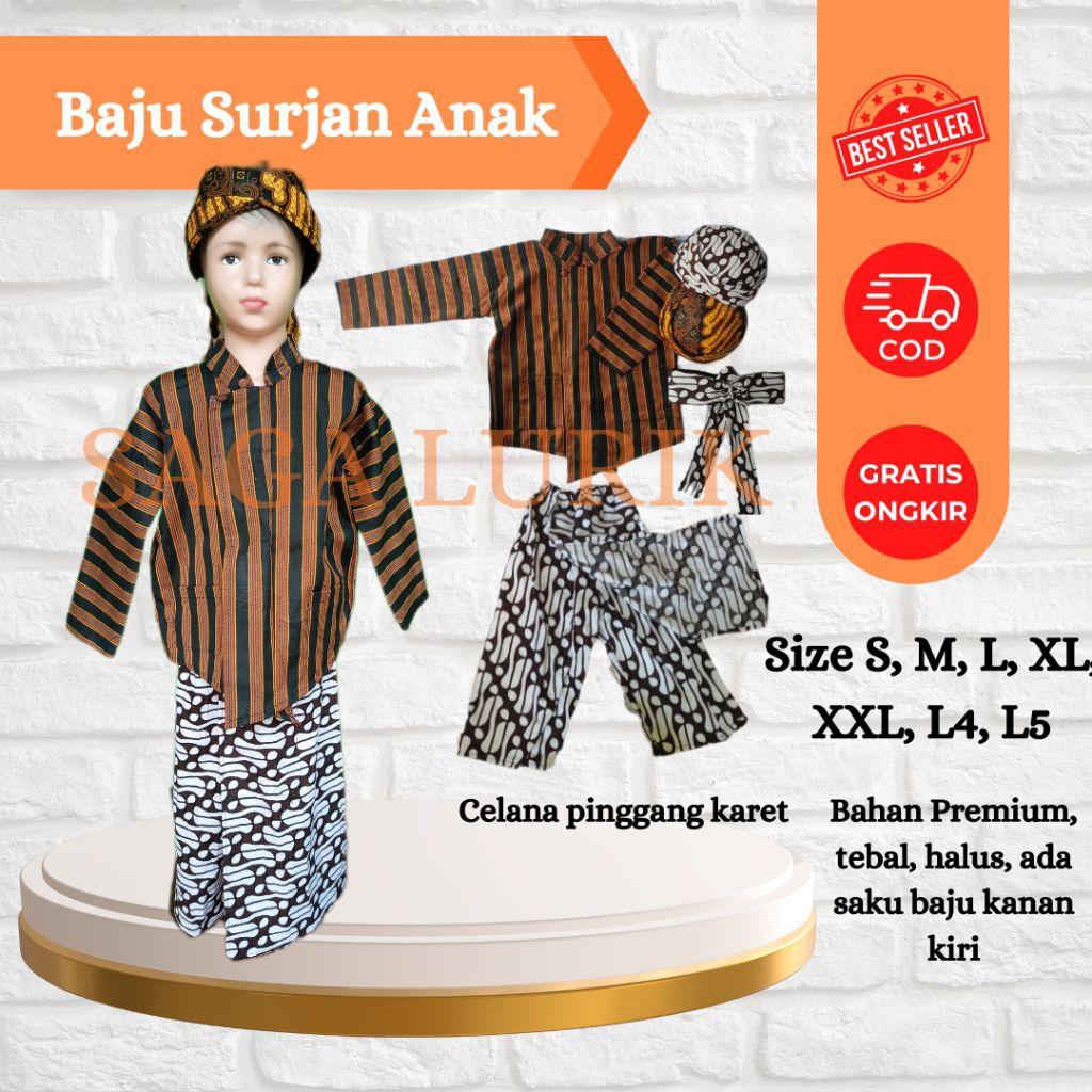 Baju Surjan Lurik Anak Laki-laki, Celana Jarik dan Blangkon /Udeng | Baju Lurik Adat Anak Laki-laki 