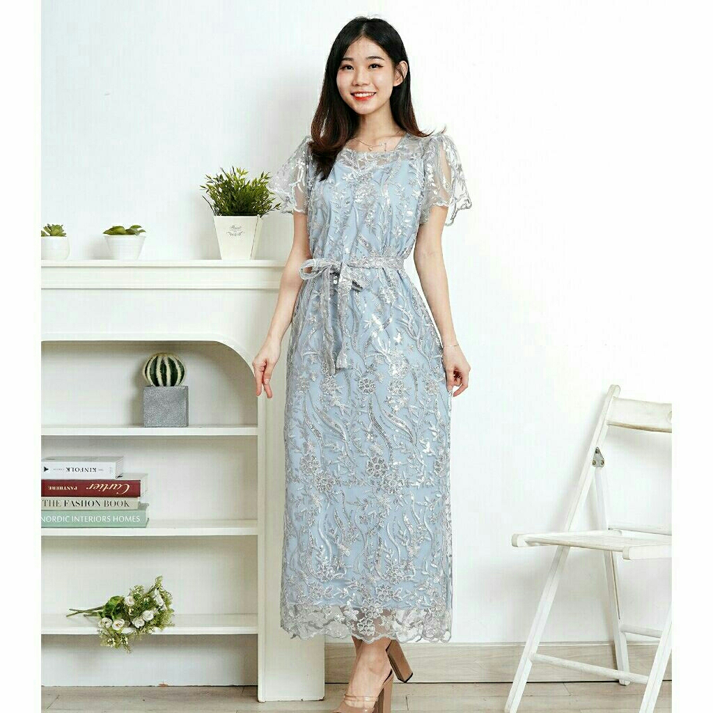 DS271 Long Dress Wanita Korea Style Lengan Pendek / Gaun Kondangan Mewah Elegan