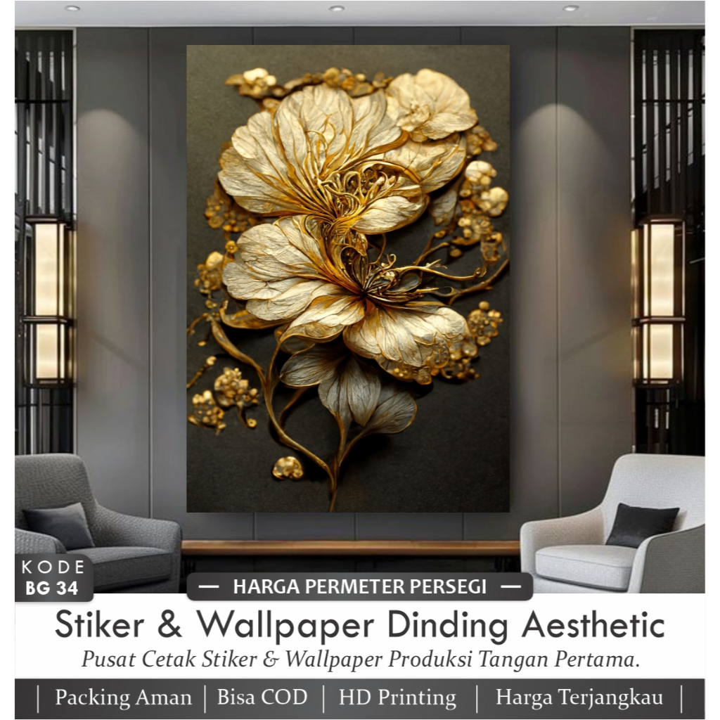 Stiker Dinding Bunga 3D Wallpaper Bunga Gold 3D Mewah Wallpaper Dinding Kualitas Tinggi Terbaru
