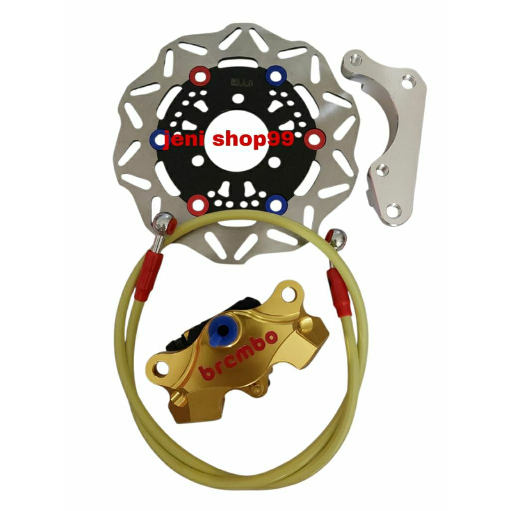 paket hemat 4 in1 kaliper kanan Brembo 2piston full cnc + piringan 01 hitam ukuran standar 190mm + b