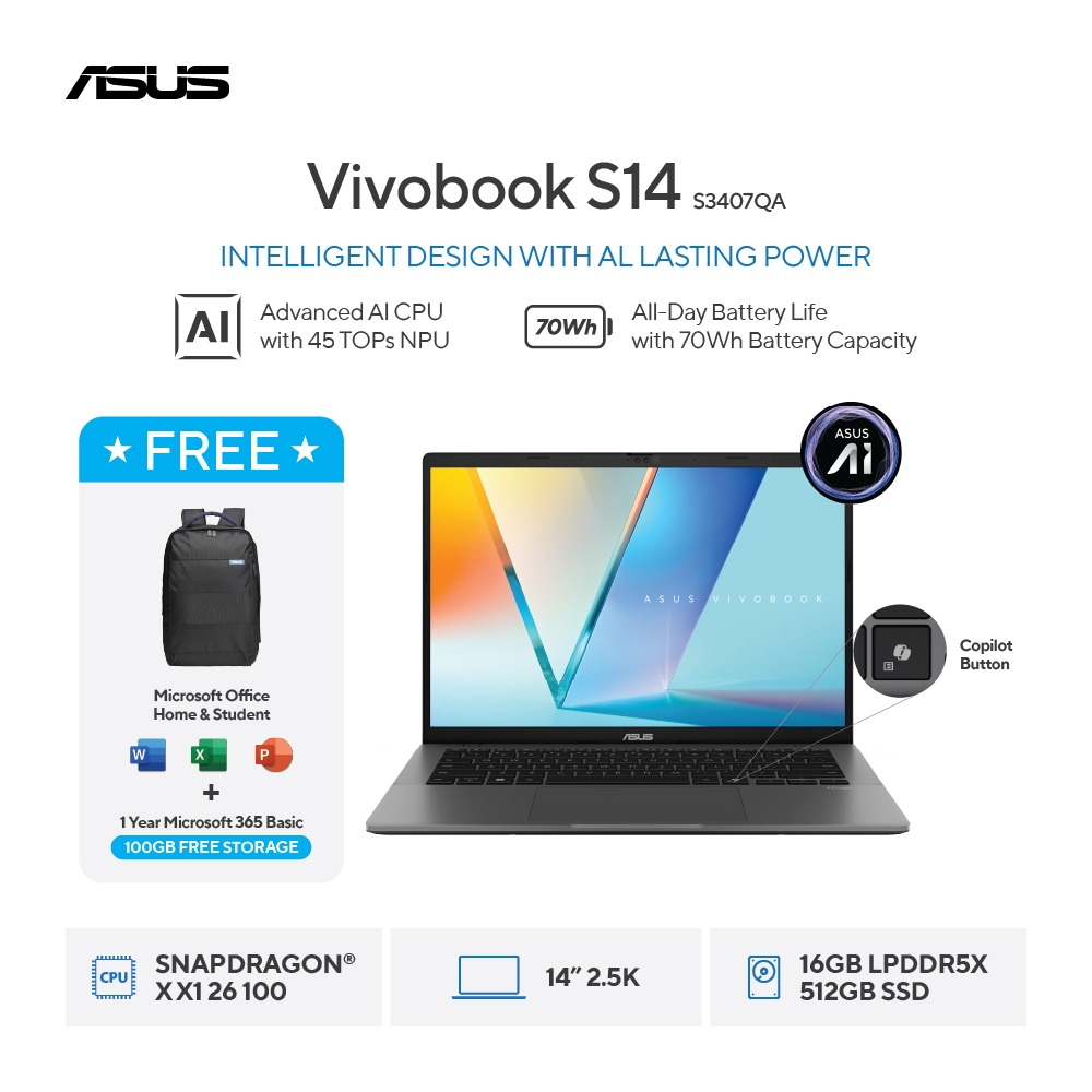 ASUS Vivobook S14 S3407QA-IPSP152M - Cool Silver [Snapdragon X  X1 26 / Qualcomm Adreno GPU / 16GB /