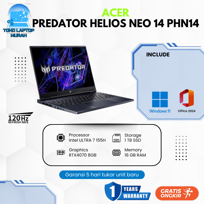 Acer Predator Helios Neo 14 Ultra 7 155H RTX4070-8GB 16GB DDR5 1TB 14.5 WQXGA IPS 120HZ RGB