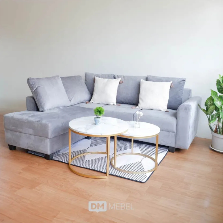 DM Mebel Sofa Sudut Mahalona -Scandinavian Mewah Bludru Anti Cakar Kucing Desain Skandinavia Modern