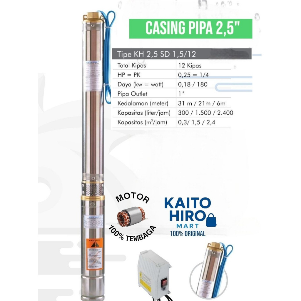 Pompa Submersible Kaito Hiro 0,25 HP 2,5 inch Plus Control Box, Tanpa Kabel Tipe KH2.5SD1.5/12