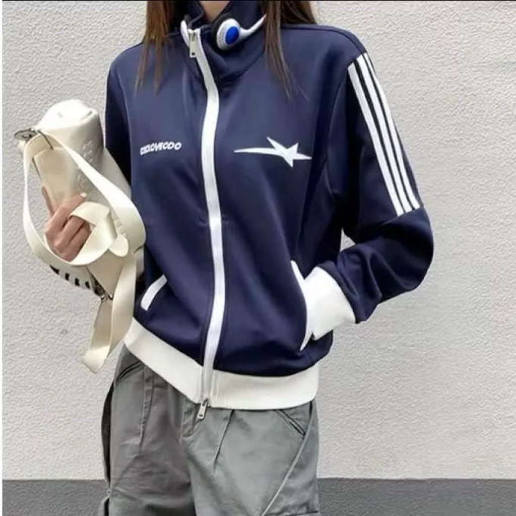 GUES STAR LOVE JAKET WANITA LIST STRIPE JAKET ZIPPER KOREAN STYLE