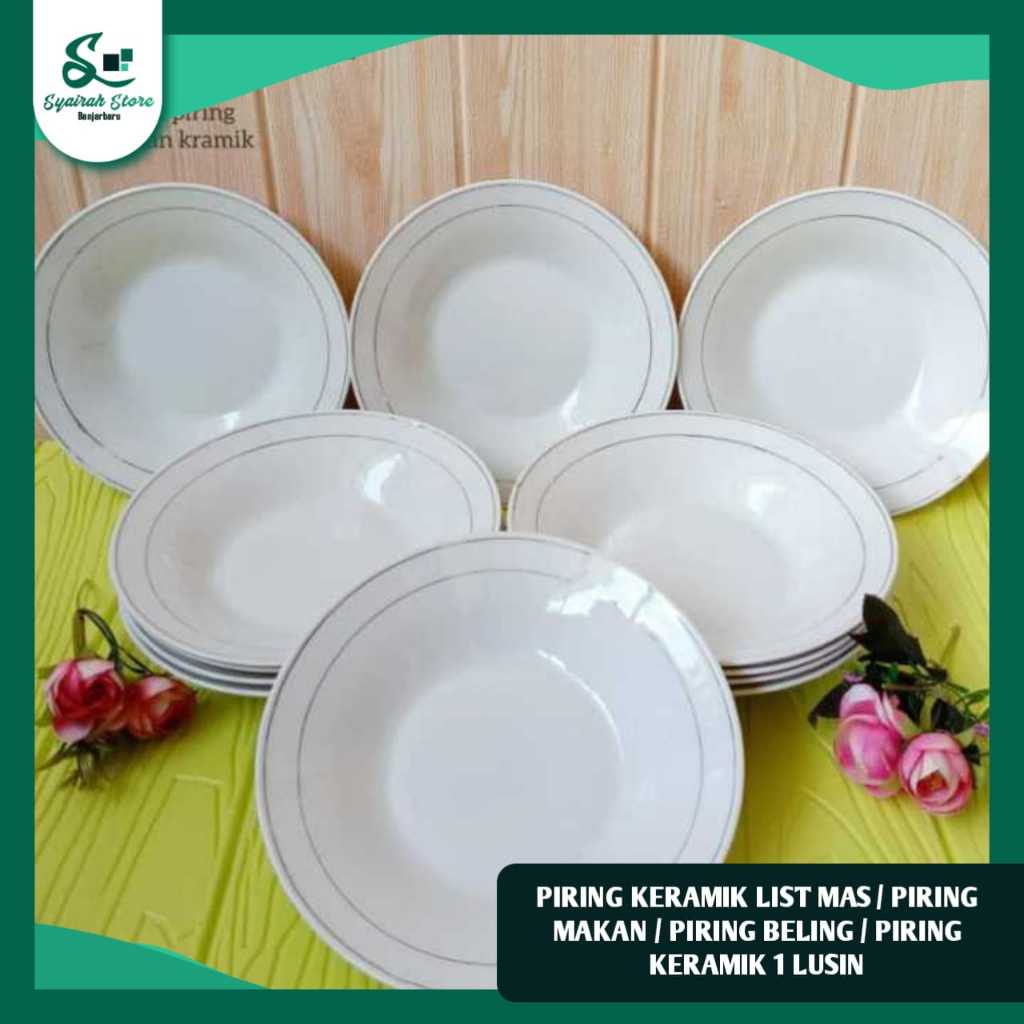 Piring 9 Inci Putih Bergaris Emas (12 Pcs) / Piring Keramik Lis Emas 1 Lusin