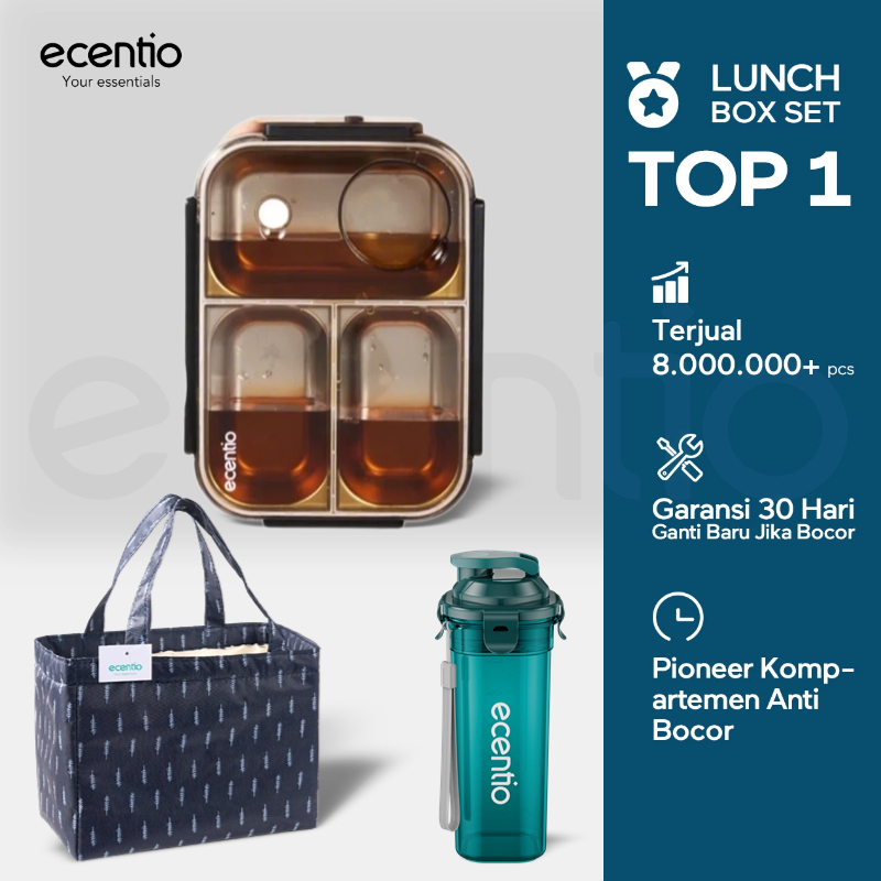 [shop live]ecentio lunch box stainless anti tumpah 800ml + botol 500ml tas sekat 3 dengan sendok fre