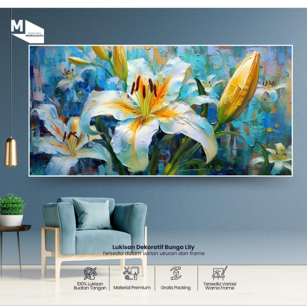 Lukisan dinding estetik ruang tamu abstrak bunga lily