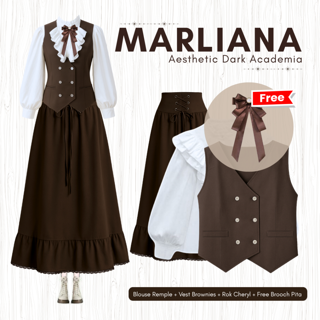 [Hijab Frendly] Marliana Dark Academia | Set Blouse + Vest Brownies + Rok Cheryl + Brooch | CHIKY093