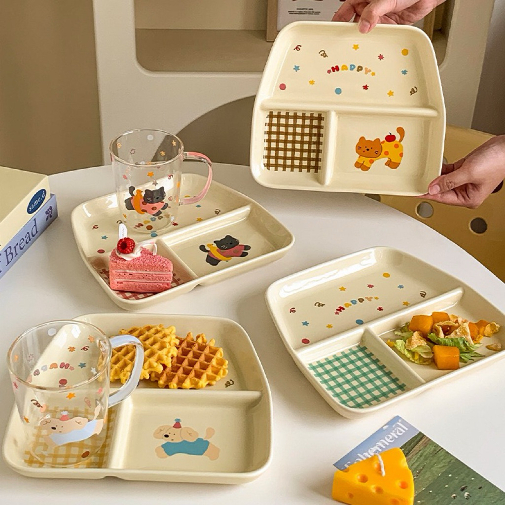 PM 53 SATUAN Piring Sekat Keramik 2 3 Motif Kartun Lucu ala Korea Tahan Panas / Ceramic Plate / Piri