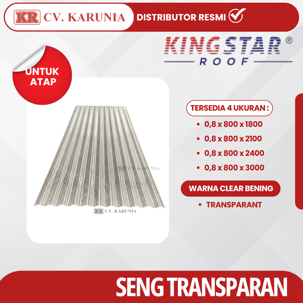 KINGSTAR ATAP GELOMBANG TRANSPARAN 0.8MM | ATAP KANOPI FIBER TRANSPARAN