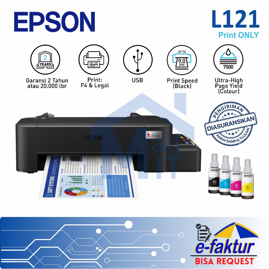 MALLIT EPSON Printer Epson L121 L-121 L 121 A4 Pengganti L120 L-120 Print Only Inkjet Resmi Medan