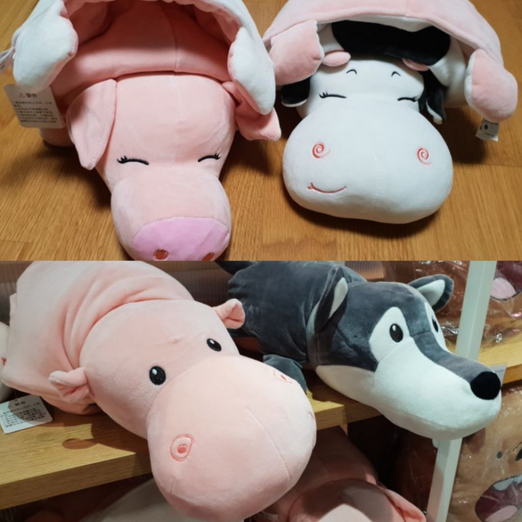 Boneka Hewan MINISO Guling Bolak Balik Hewan Serigala Hippo Kudanil Babi dan Sapi Babi Pink Original